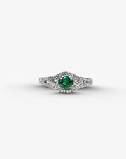 White Gold Engagement Ring with Diamonds and Green Emeralds