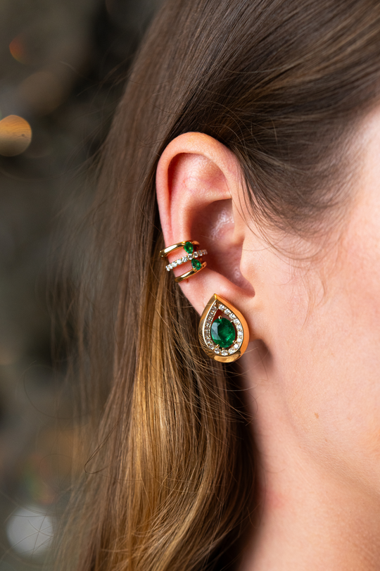 Pink Gold Ear Cuff with Diamonds and Emeralds