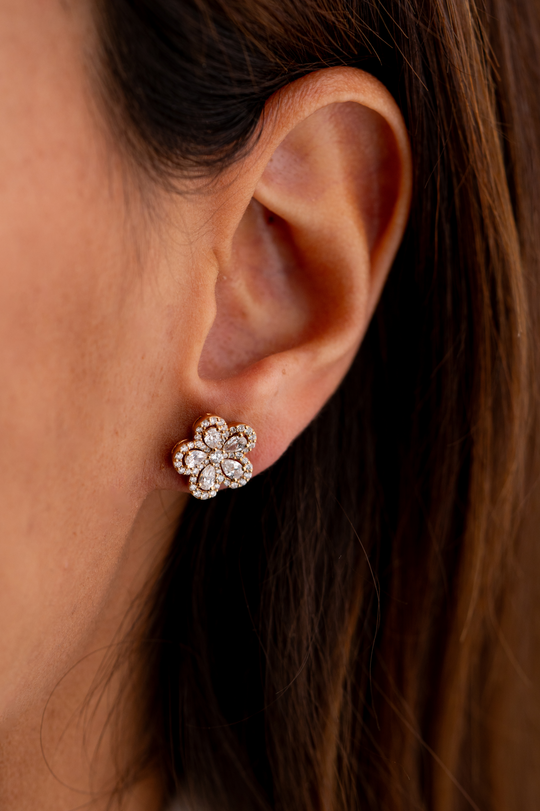 Pink Gold Flowers Earrings with Diamonds