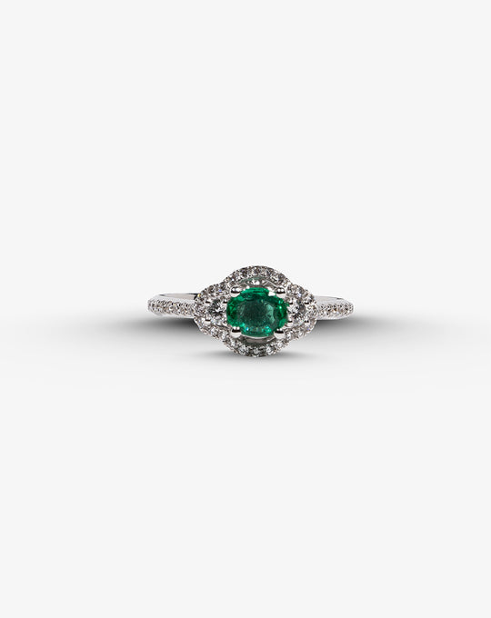 White Gold Engagement Ring with Diamonds and Green Emeralds