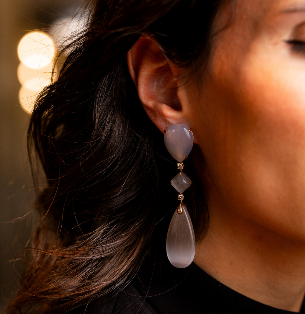 Gold Earrings with grey Agate, Cognac diamonds and Optical Grey Quartz