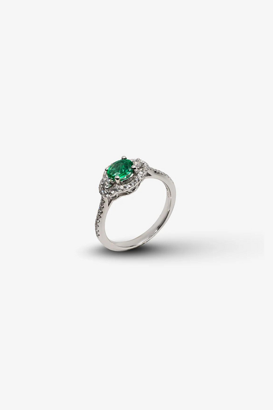 White Gold Engagement Ring with Diamonds and Green Emeralds