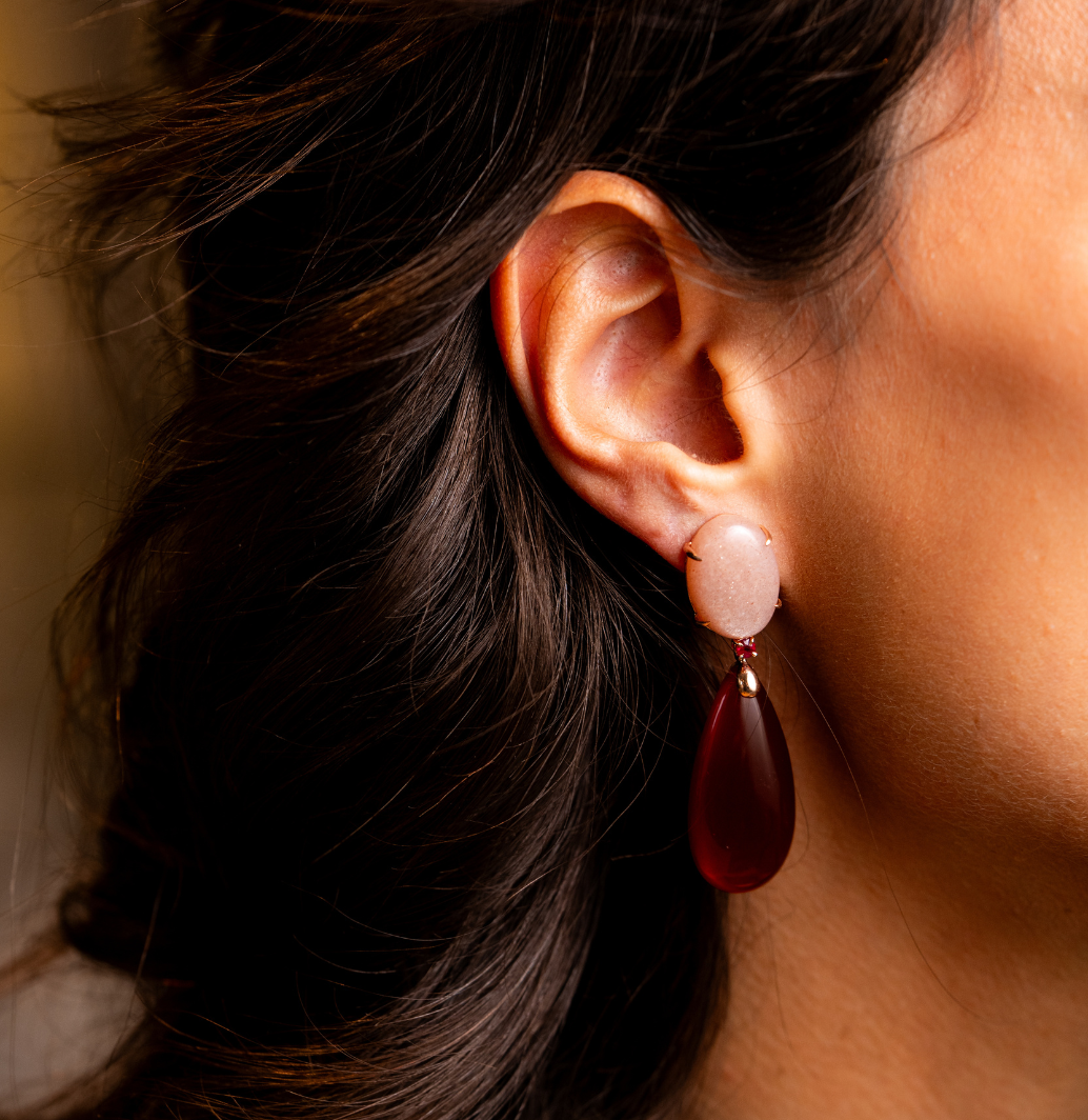 Gold Earrings with Peach moon stone, Rubies and Red Agate