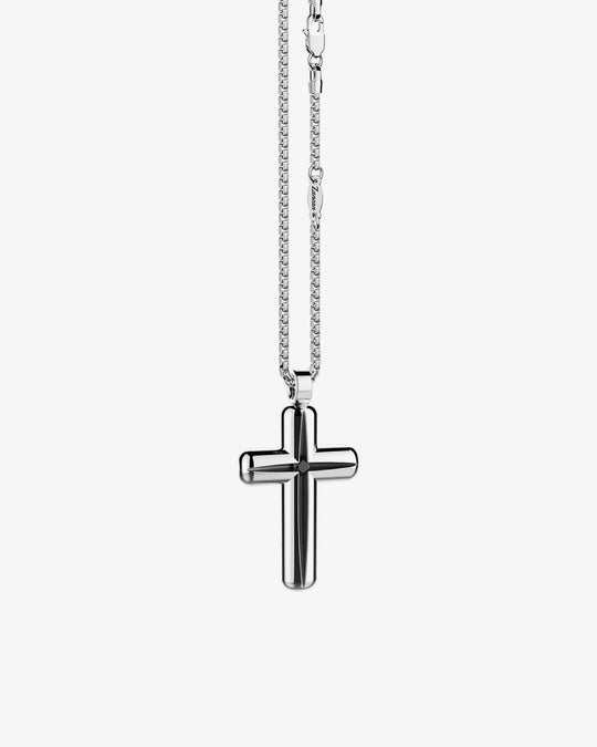 Silver necklace with cross pendant with one black spinel