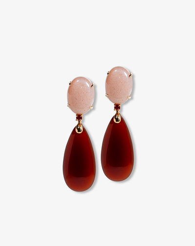 Gold Earrings with Peach moon stone, Rubies and Red Agate